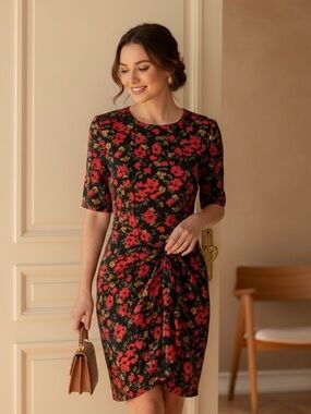 Mary Jo Bruno vintage Inspired Midi Floral KnotFront Sheath Silk Dress in Size 6